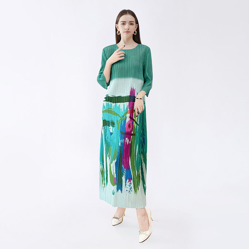 Fashion niche oil painting dress women's spring thin temperament long dress new high-end printed skirt