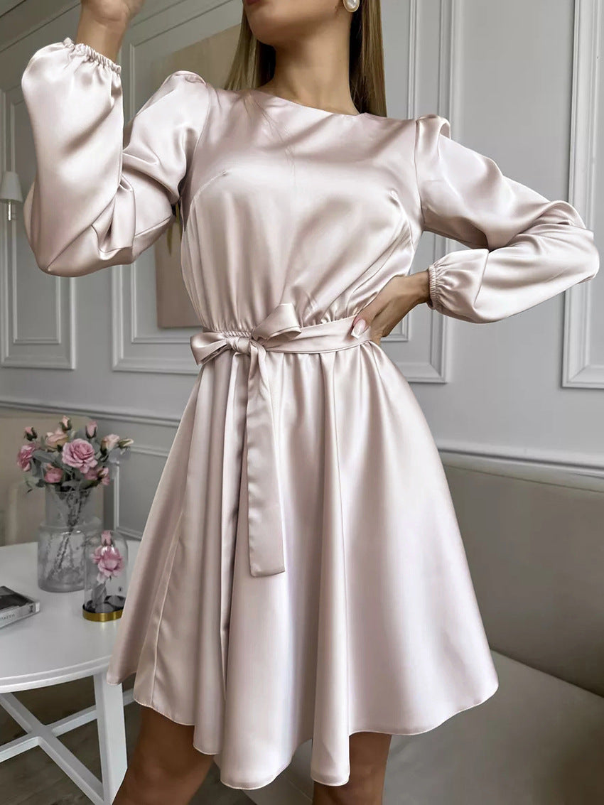 2025 Green satin V-neck lantern sleeve lace-up apron dress popularwildberries spring hot new products women