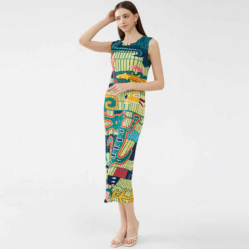 summer new elegant animal waist slim slim round neck temperament pleated casual style dress women