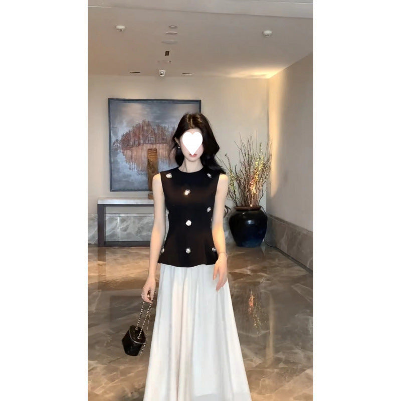 2025 summer new temperament new sleeveless black vest top slim temperament waist skirt suit women's clothing