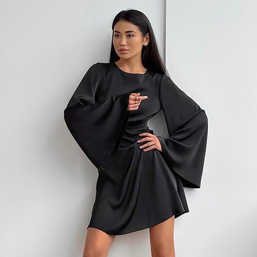 2025 Blue satin matte imitation silk horn sleeve casual dress new autumn fashion short skirt women