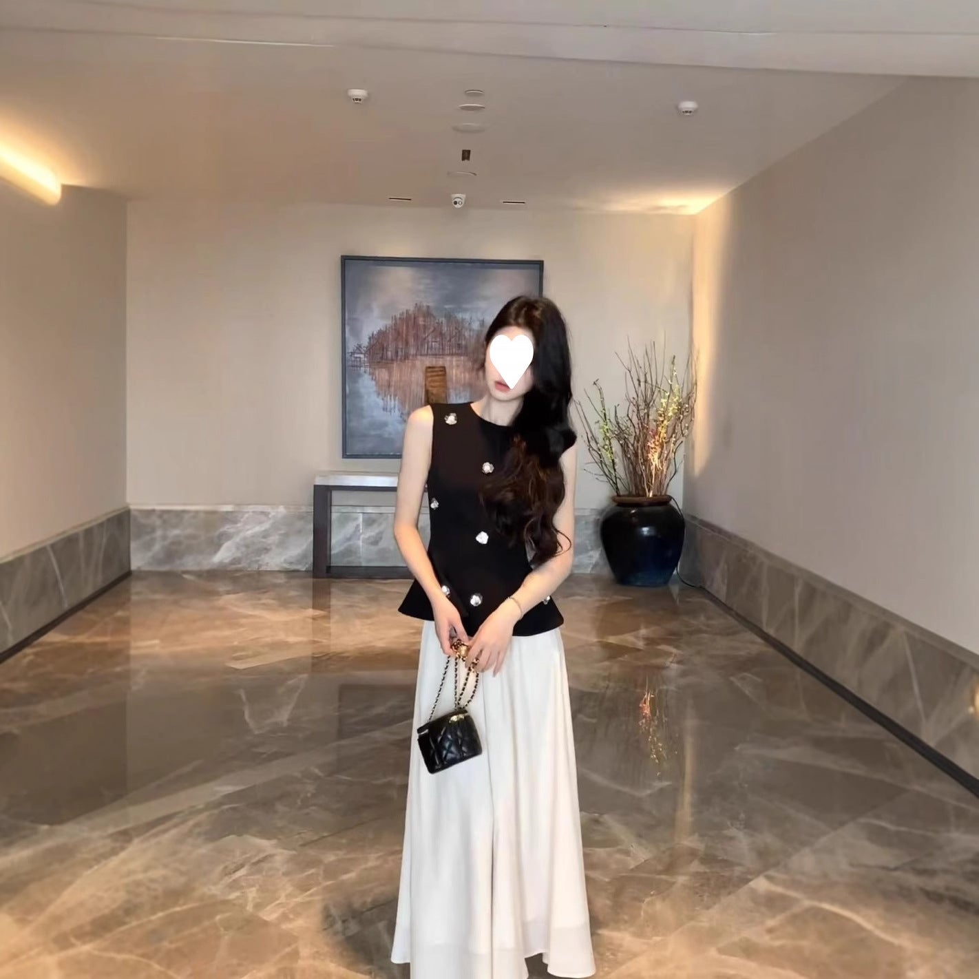 2025 summer new temperament new sleeveless black vest top slim temperament waist skirt suit women's clothing