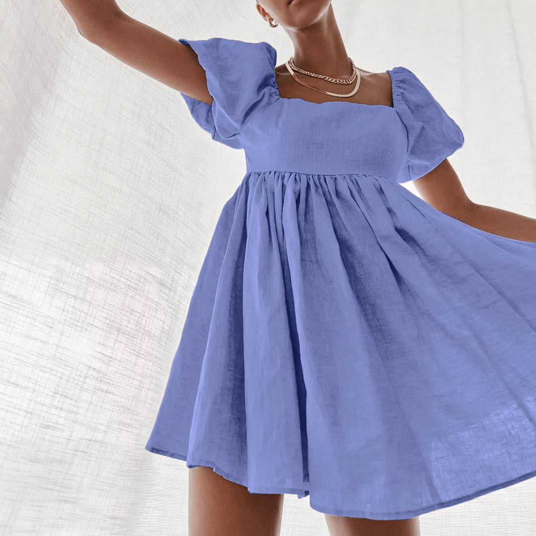 2025 popular autumn new cotton and linen dress women's clothing Popular trade sexy square neck bubble sleeves small fresh A-shaped skirt