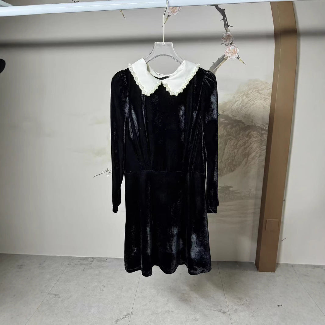 2025 skirt autumn and winter new Hepburn style small black dress velvet removable pearl doll collar dress new