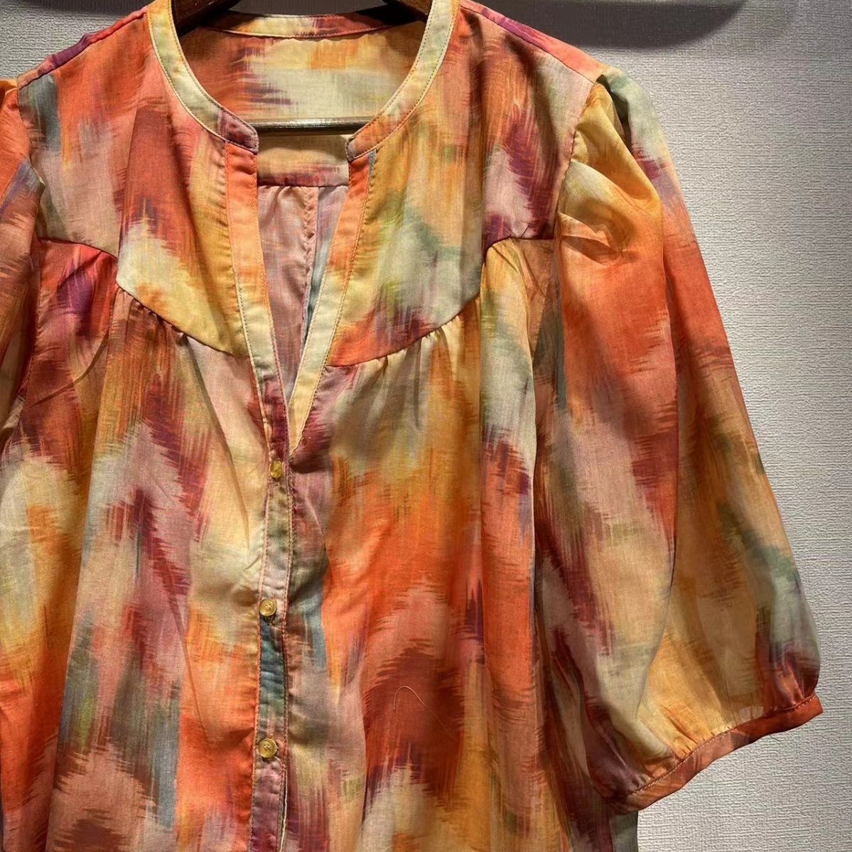2025 short-sleeved women's BA home new neon gradual change printing t-shirt retro literary bubble sleeve shirt women's shirt
