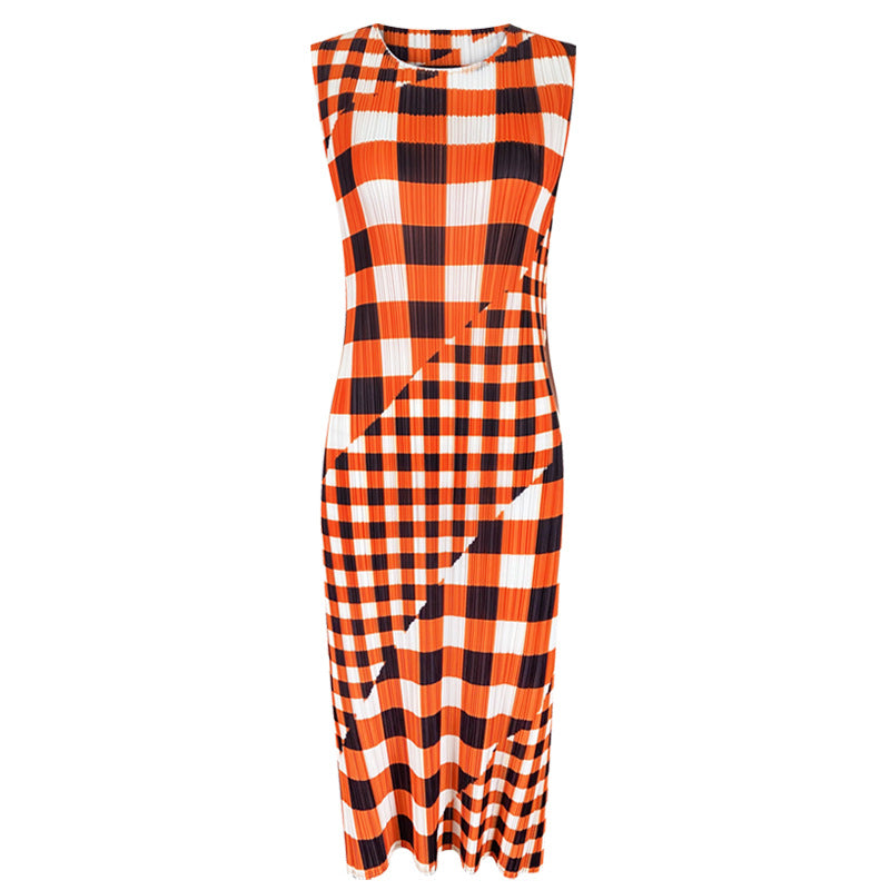 Miyake plaid dress women's summer spring dress women's new fashion temperament thin a-word dress