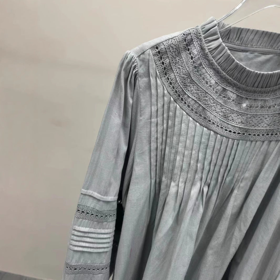 2025 shirt in autumn and winter of 24 years, new hollow splicing pleated fungus edge bubble sleeves cotton fixed-dyed shirt and top