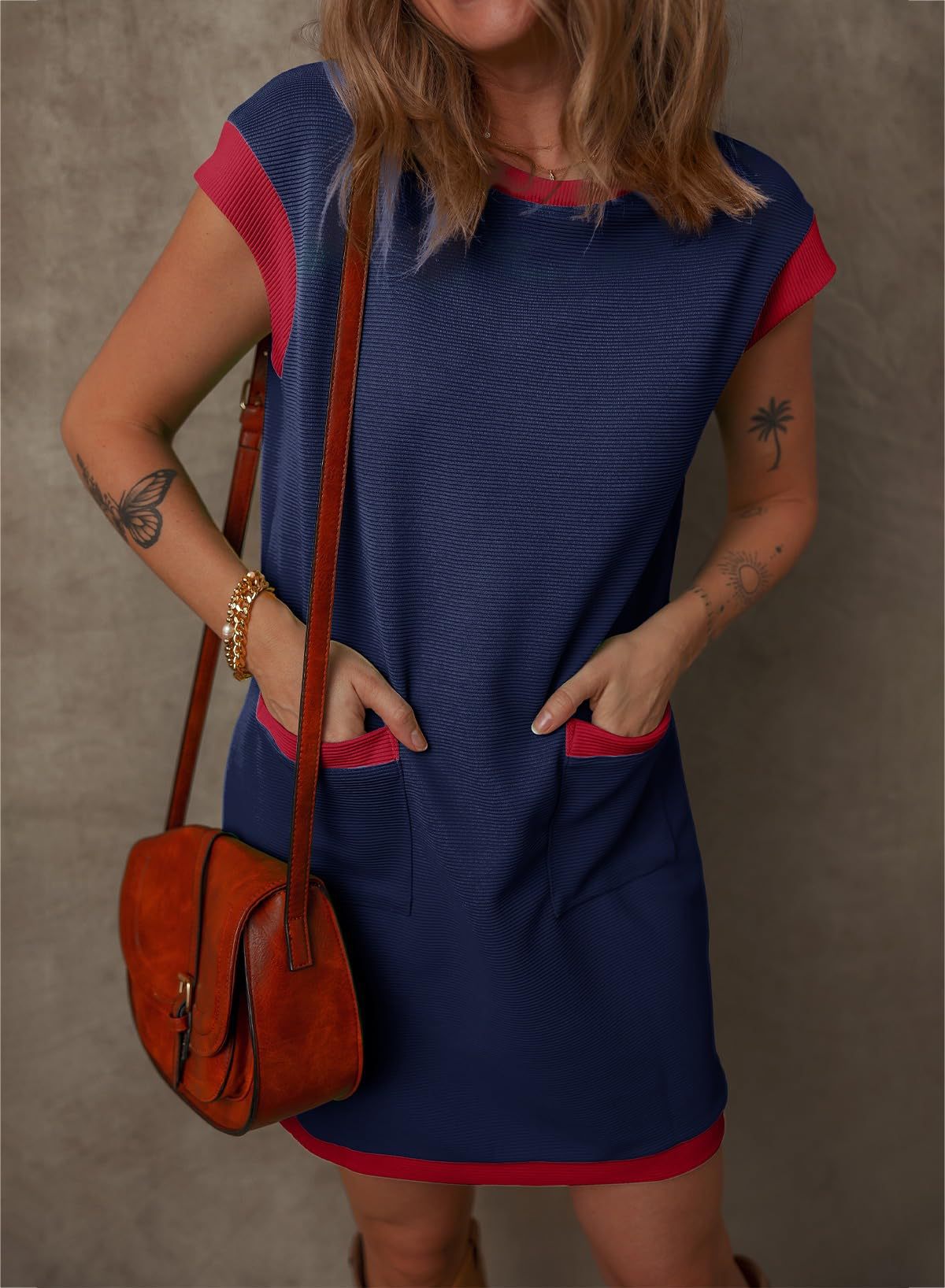 2025 spring and summer New Popular trade pullover pocket cover sleeve color matching straight T-shirt mini dress women