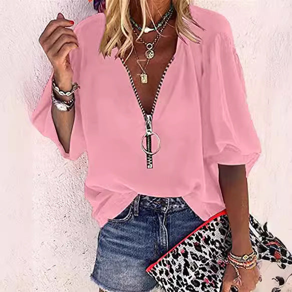2025 Popular, , spring and summer new solid color long-sleeved V-neck zipper women's shirt women's top