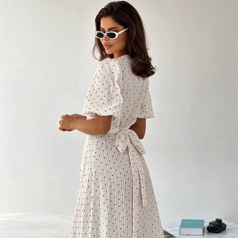 2025 convex jacquard pure cotton V-neck bubble sleeve high waist lace-up dress popular spring and summer fashion medium and long dress