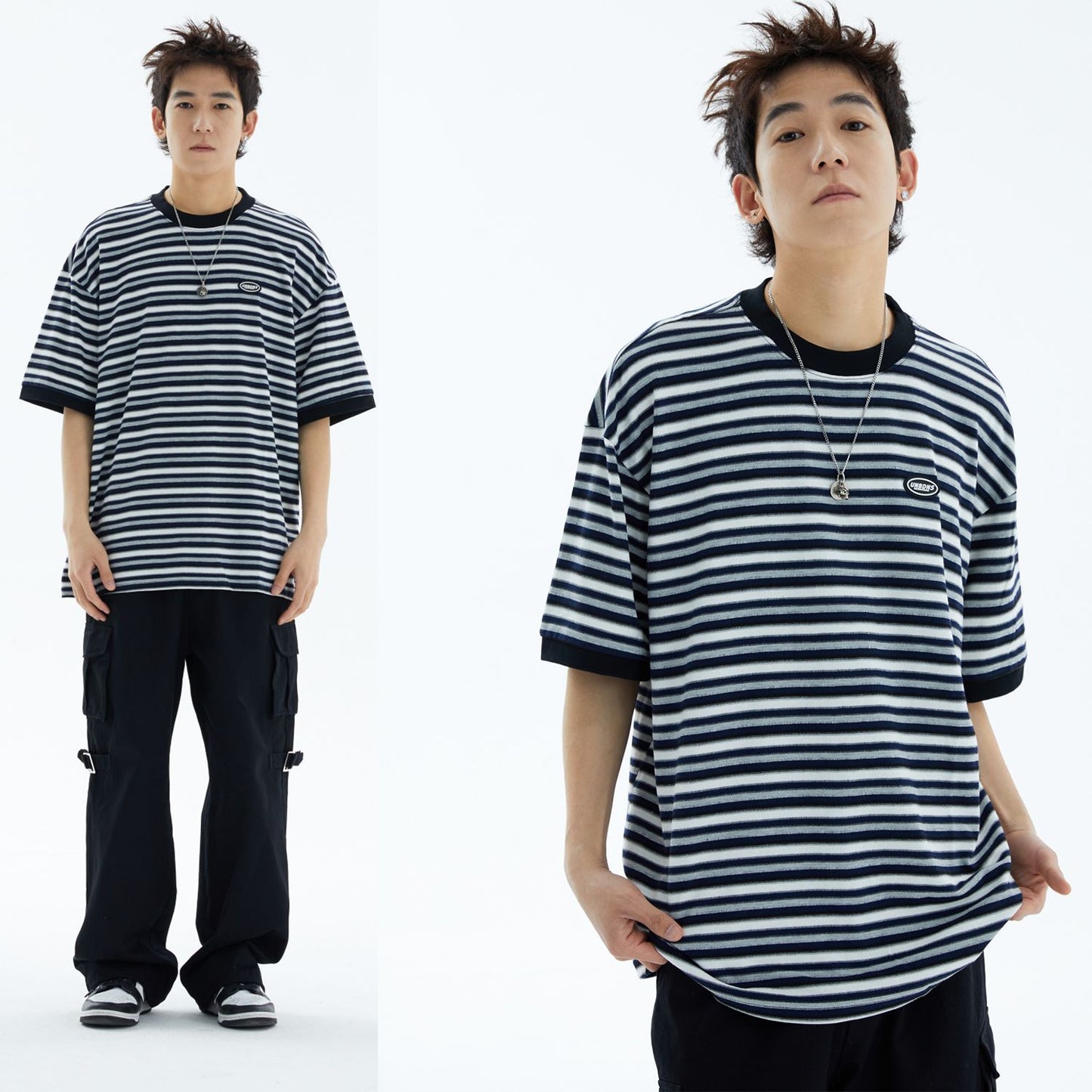 ST267 2025n Street 2025 Summer Striped Badge Design Men's Loose Premium Sense Neutral Short Sleeve T-Shirt