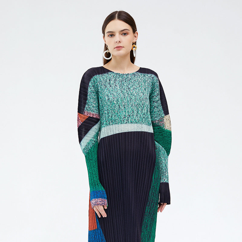 new spring women's clothing pleated printed long dress fashion skirt niche contrasting color thin long-sleeved dress women