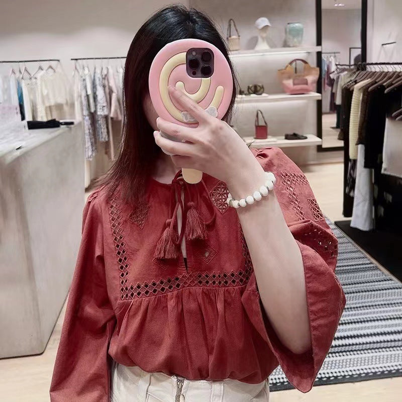 2025 BA Summer 24 New Bohemian Embroidered Tassel Lace-Up Seven-Sleeve Crew Neck Shirt 31887