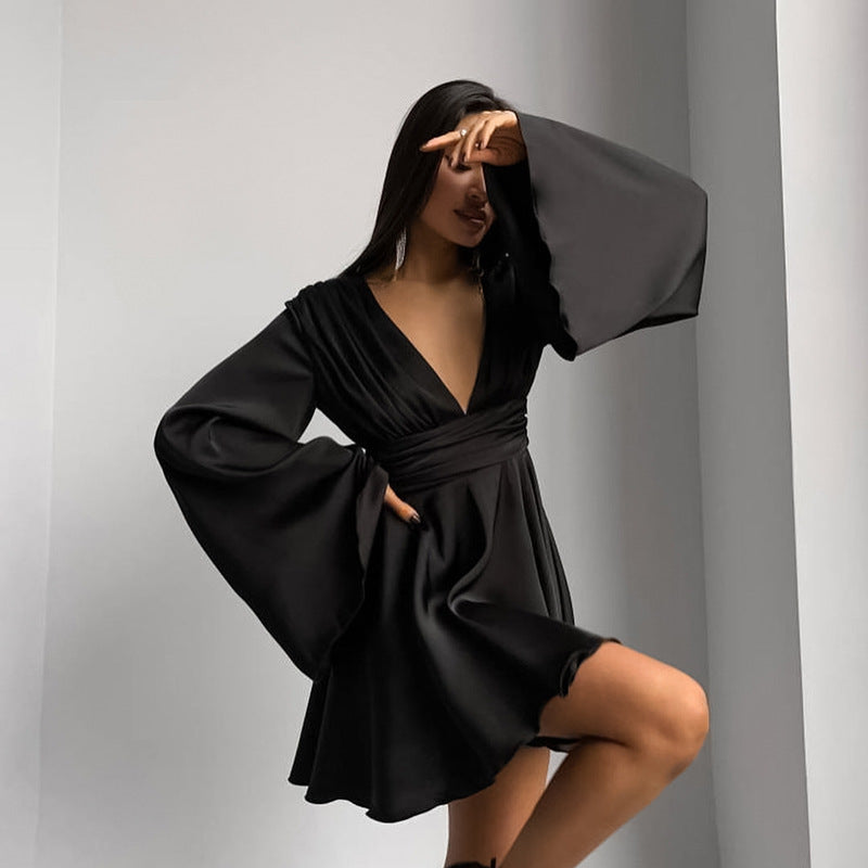 2025 Spring and summer imitation satin acetate black sexy V-neck flared sleeves slim and thin dress versatile short skirt women