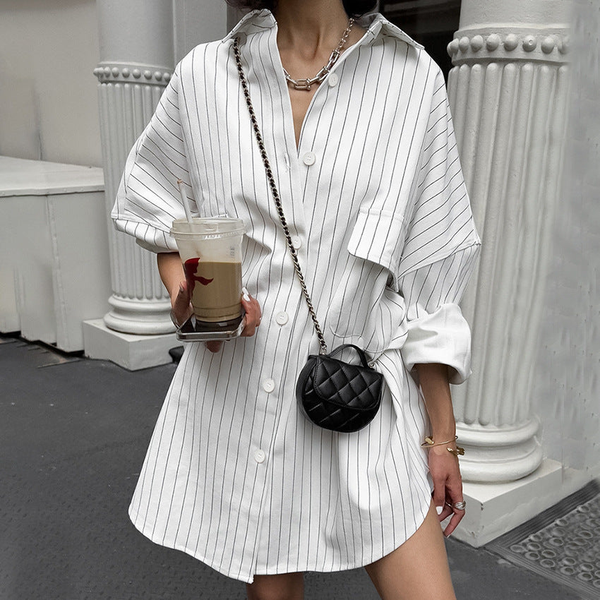 2025 Black and white contrasting color striped lapel long-sleeved shirt dress new autumn fashion Popular trade short skirt women