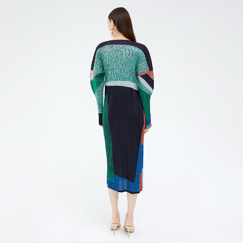 new spring women's clothing pleated printed long dress fashion skirt niche contrasting color thin long-sleeved dress women