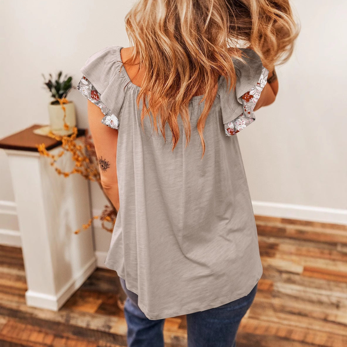 2025 spring and summer New Popular trade pleated short-sleeved bohemian flower printed vest T-shirt top