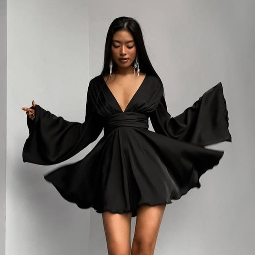 2025 Spring and summer imitation satin acetate black sexy V-neck flared sleeves slim and thin dress versatile short skirt women
