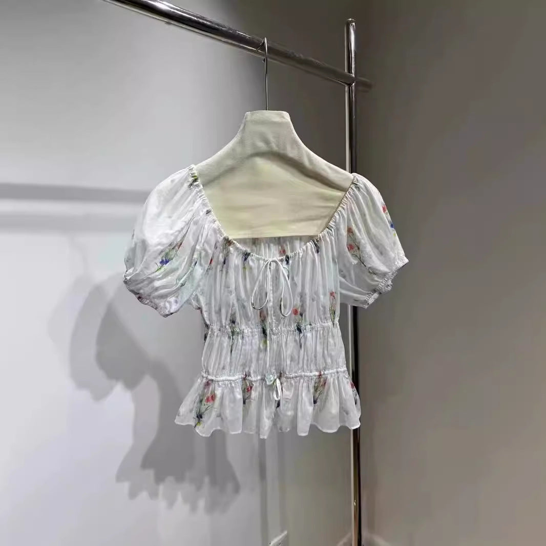 2025 n DO24 spring and summer new lace-up pure flower drawstring large round neck bubble sleeve shirt 31865