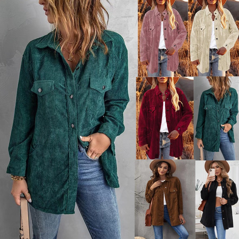 2025 Popular, , autumn and winter new thickened shirt corduroy lapel button loose casual coat women