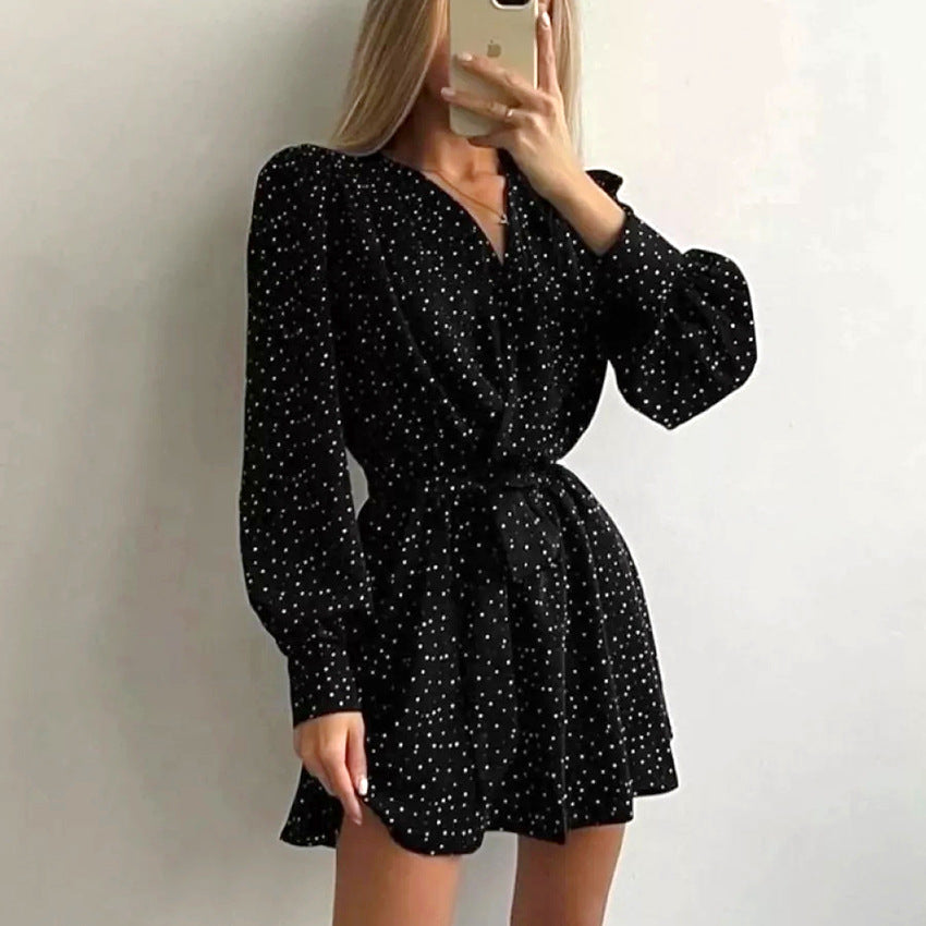 2025 Spring retro fashion polka dot V-neck bubble sleeve dress New casual wildberries sexy short dress women