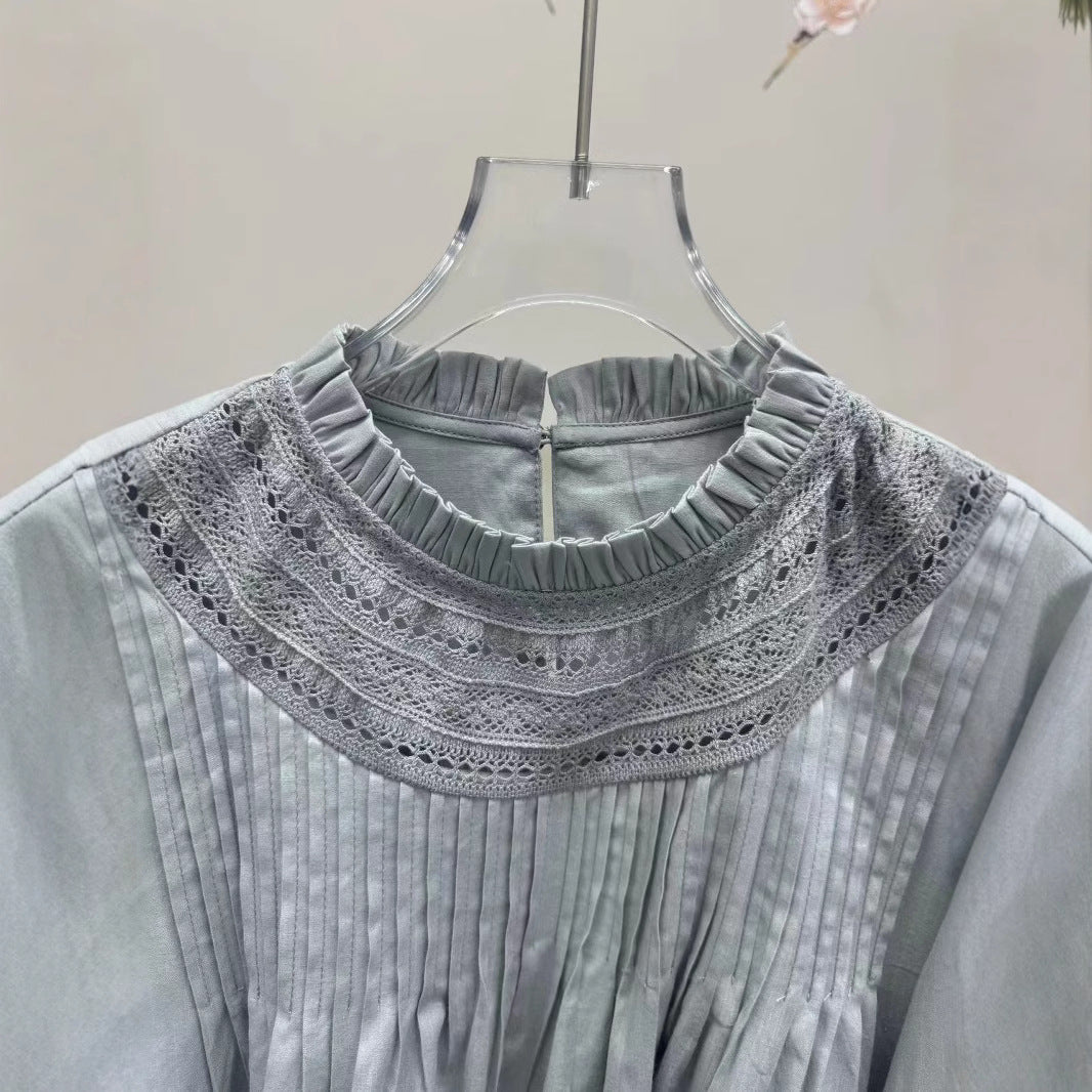 2025 shirt in autumn and winter of 24 years, new hollow splicing pleated fungus edge bubble sleeves cotton fixed-dyed shirt and top