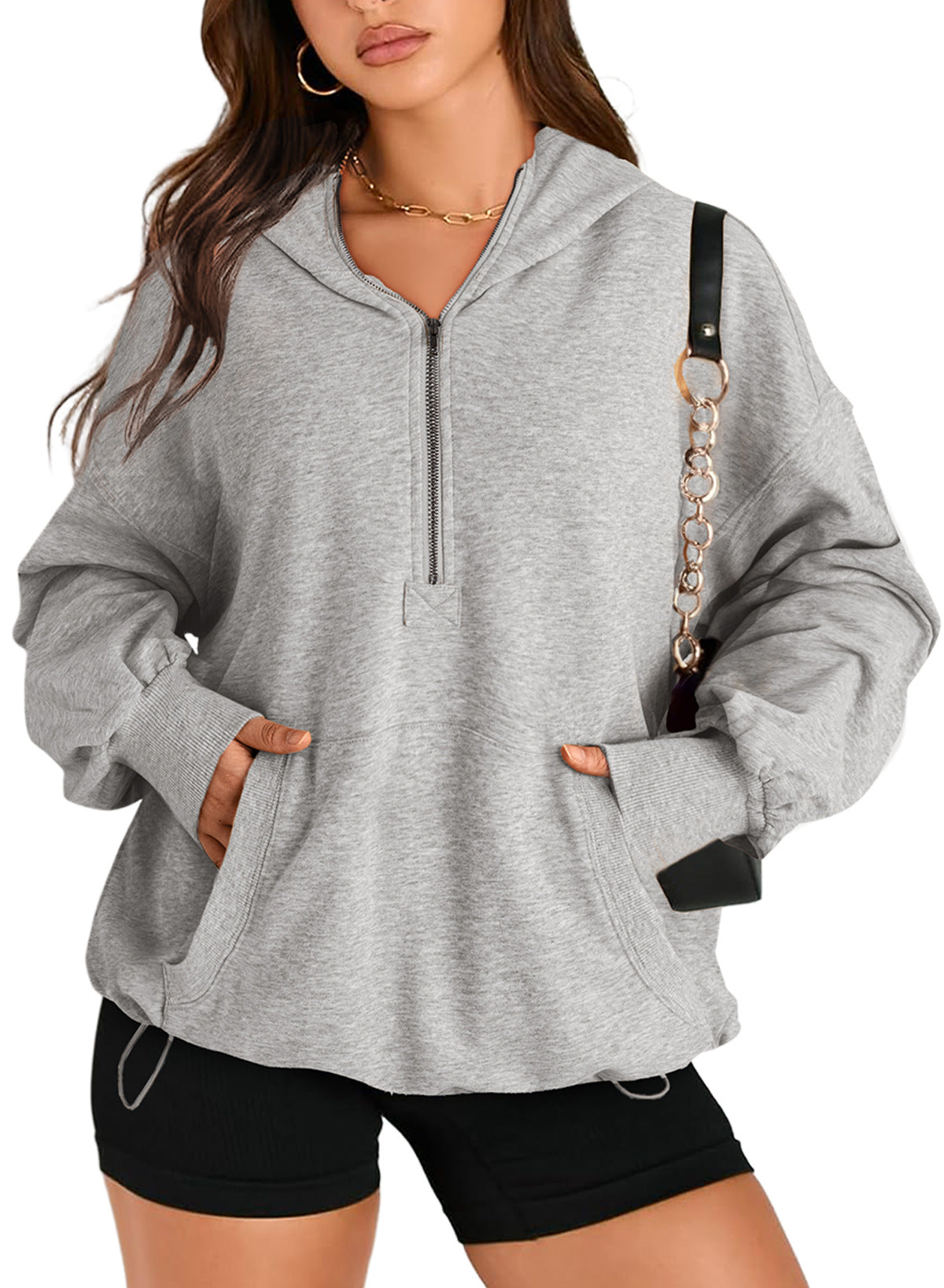 2025 autumn and winter New women's solid color long-sleeved hooded solid color zipper pocket sweater women's top