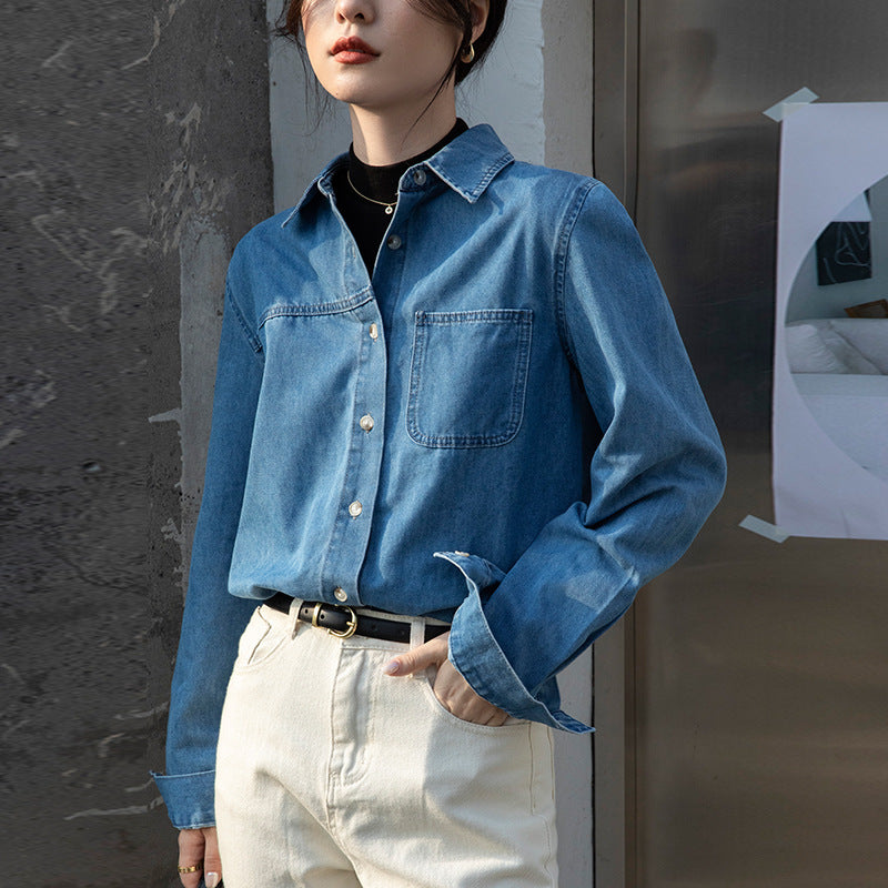 Denim shirt women's inner spring dress new design sense blue coat loose front shoulder stacked shirt long sleeves