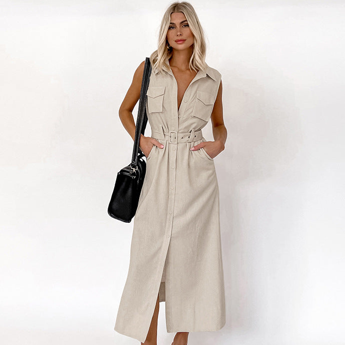 2025 Khaki cotton and linen sleeveless temperament belt lapel high waist dress popular spring fashion Popular trade dress