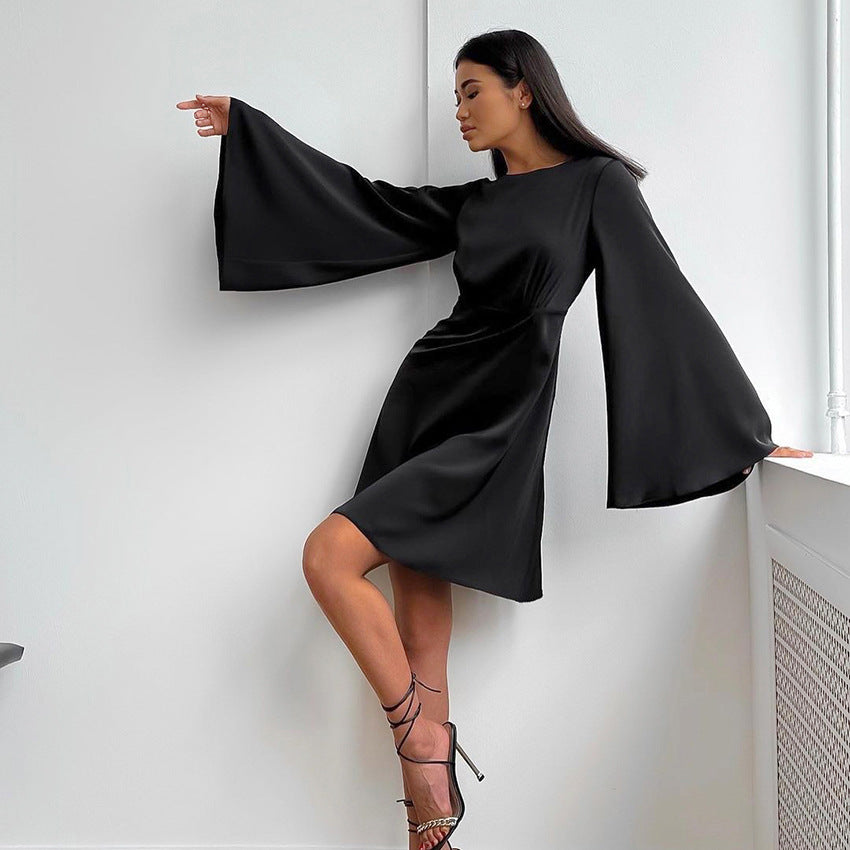 2025 Blue satin matte imitation silk horn sleeve casual dress new autumn fashion short skirt women
