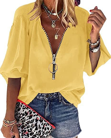 2025 Popular, , spring and summer new solid color long-sleeved V-neck zipper women's shirt women's top