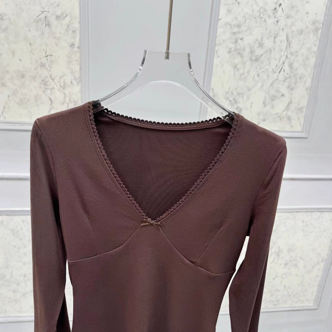 2025 knitted sweater women's RO24 autumn and winter new sexy V-neck bow slim-fitting long-sleeved knitted sweater bottoming shirt