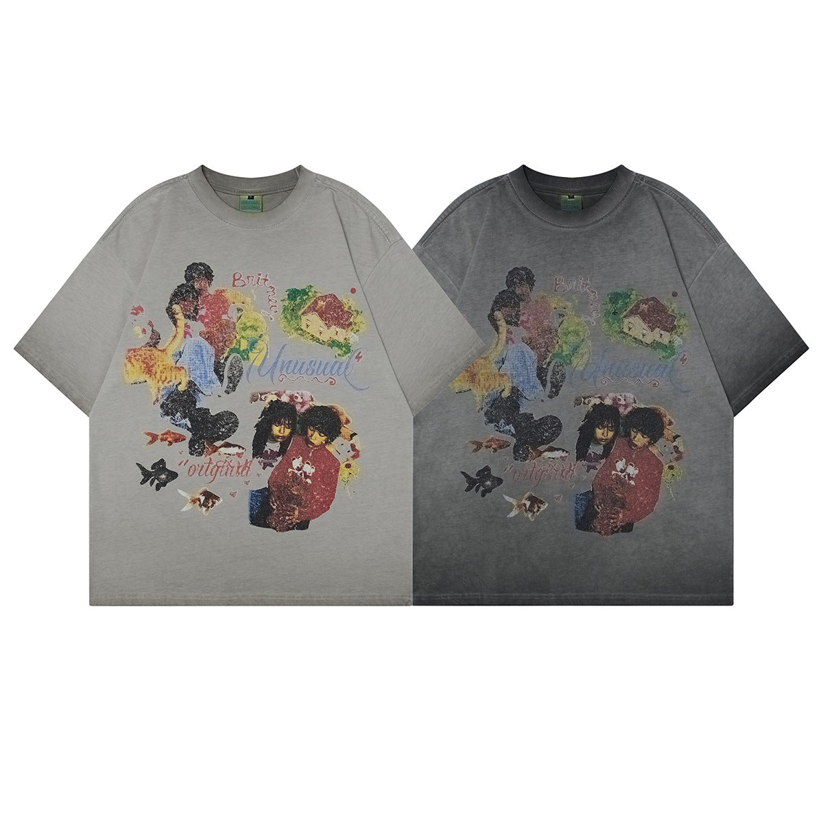 T1080 2025n Street Tide 2025 Summer Vintage Couple Washing Craft Plain Character Design Men's Loose Short Sleeve T-Shirt
