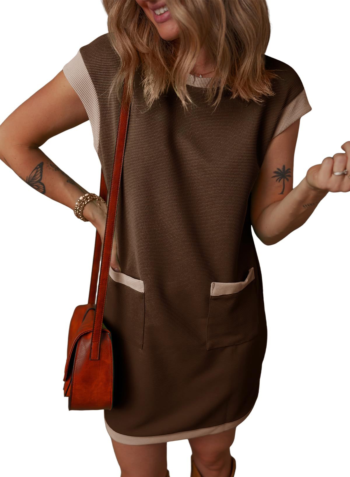 2025 spring and summer New Popular trade pullover pocket cover sleeve color matching straight T-shirt mini dress women