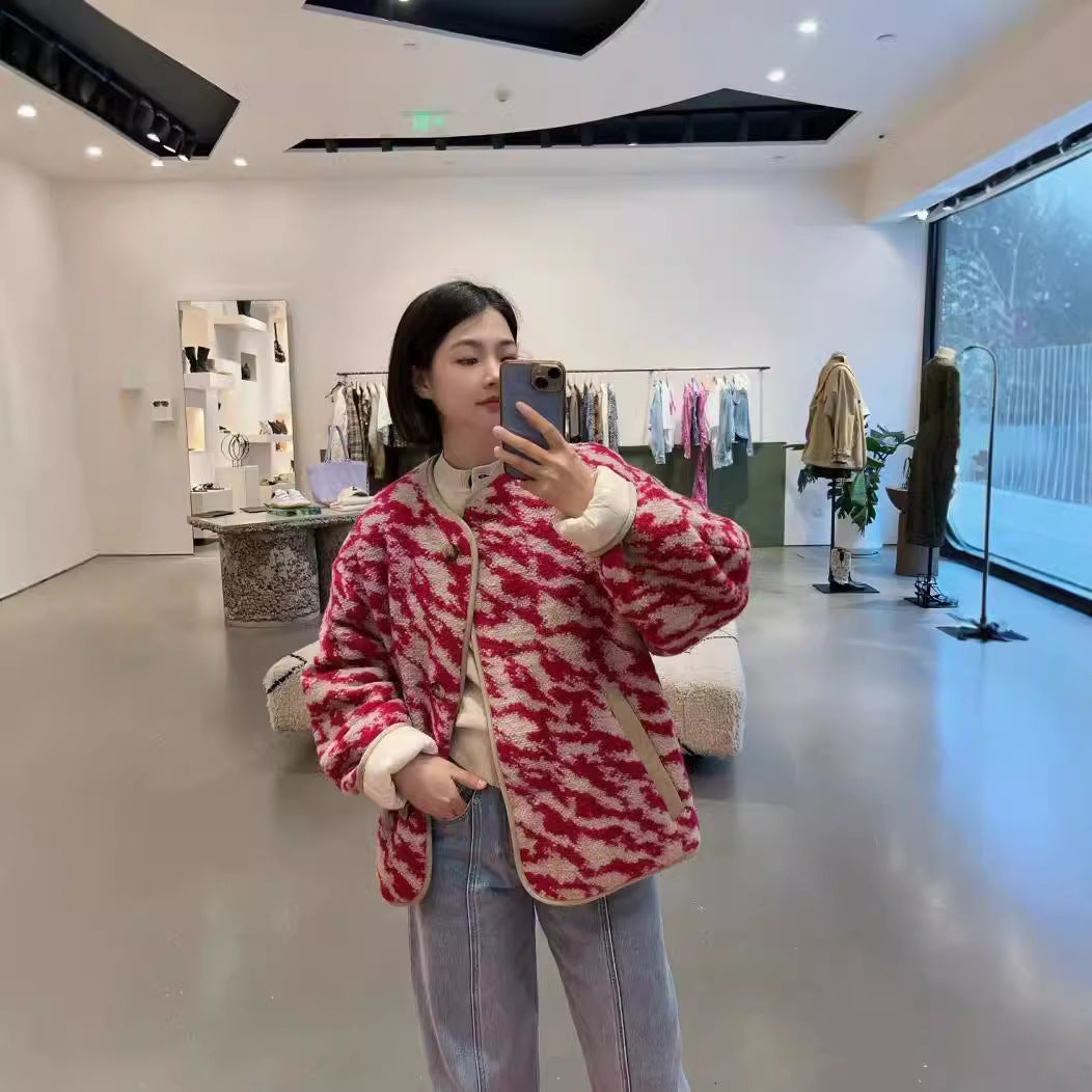 2025 IS24 early autumn new zebra pattern jacket double-sided fleece round neck wool blend cotton jacket