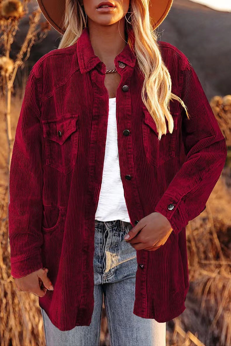 2025 Popular, , autumn and winter new thickened shirt corduroy lapel button loose casual coat women