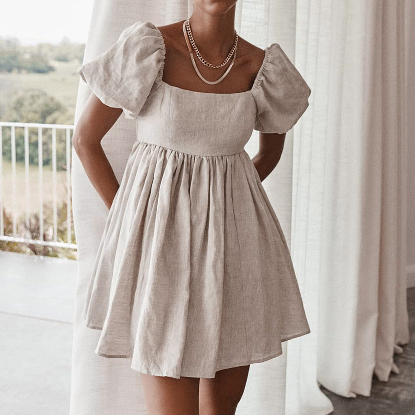 2025 popular autumn new cotton and linen dress women's clothing Popular trade sexy square neck bubble sleeves small fresh A-shaped skirt
