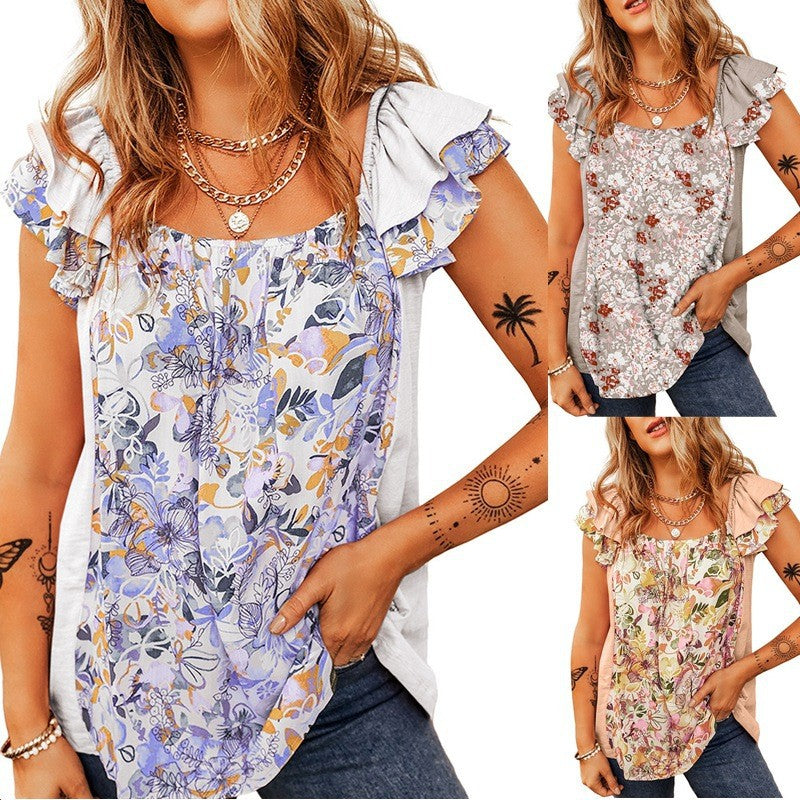 2025 spring and summer New Popular trade pleated short-sleeved bohemian flower printed vest T-shirt top