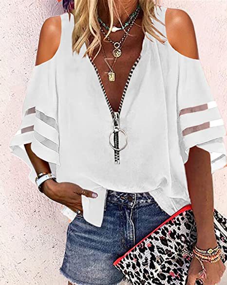 2025 Popular, , 's new V-neck zipper shirt, half-flared sleeve grid splicing, loose casual shirt women