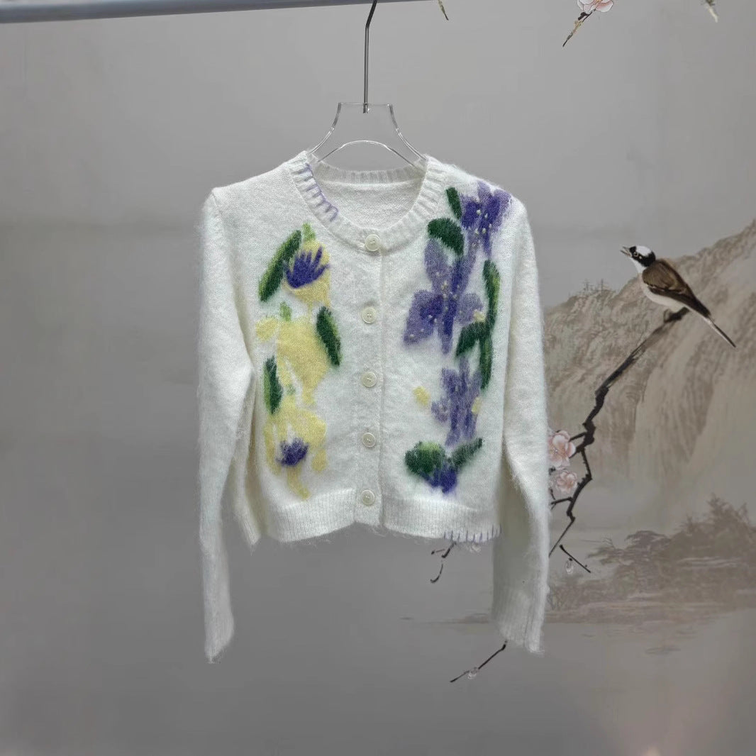 2025 knitted sweater women's 24 autumn and winter new soft waxy lazy wind flower embroidered jacquard knitted cardigan women's sweater