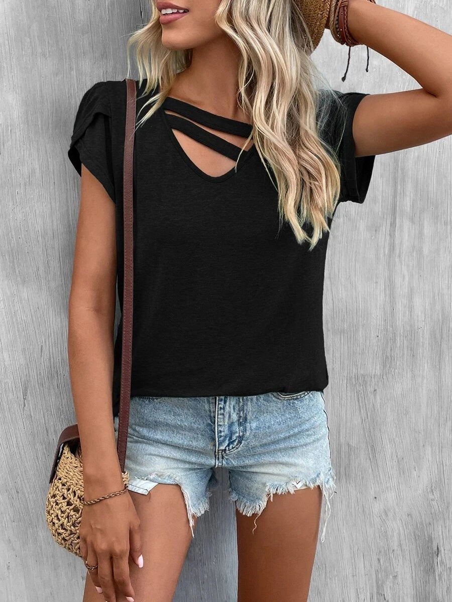 2025 Popular, , New women's clothing summer new solid color V-neck splicing petal sleeves loose t-top women