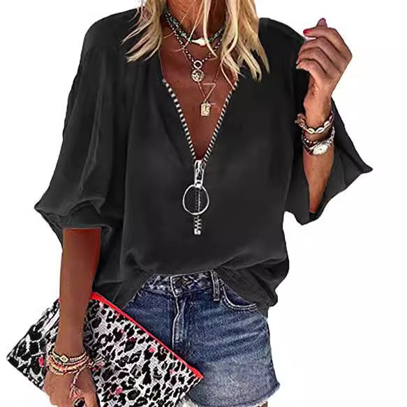 2025 Popular, , spring and summer new solid color long-sleeved V-neck zipper women's shirt women's top