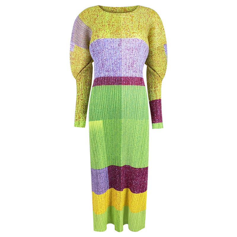 new spring women's clothing pleated printed long dress fashion skirt niche contrasting color thin long-sleeved dress women