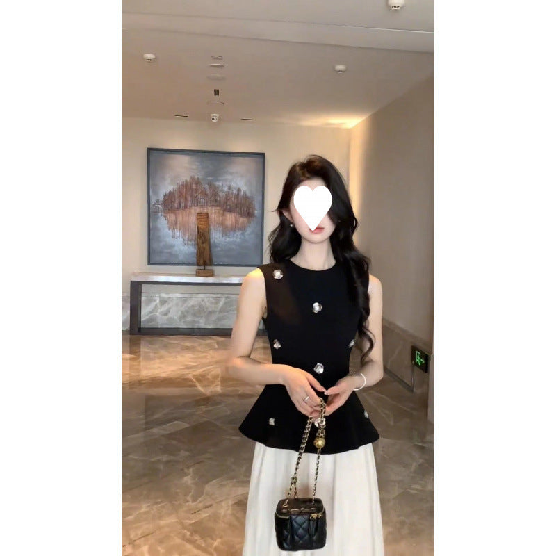 2025 summer new temperament new sleeveless black vest top slim temperament waist skirt suit women's clothing