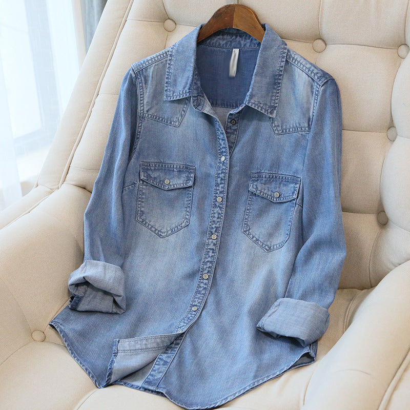 Good goods in the town store! Tencel denim shirt women's long-sleeved inner shirt 2025 spring loose niche Korean version jacket