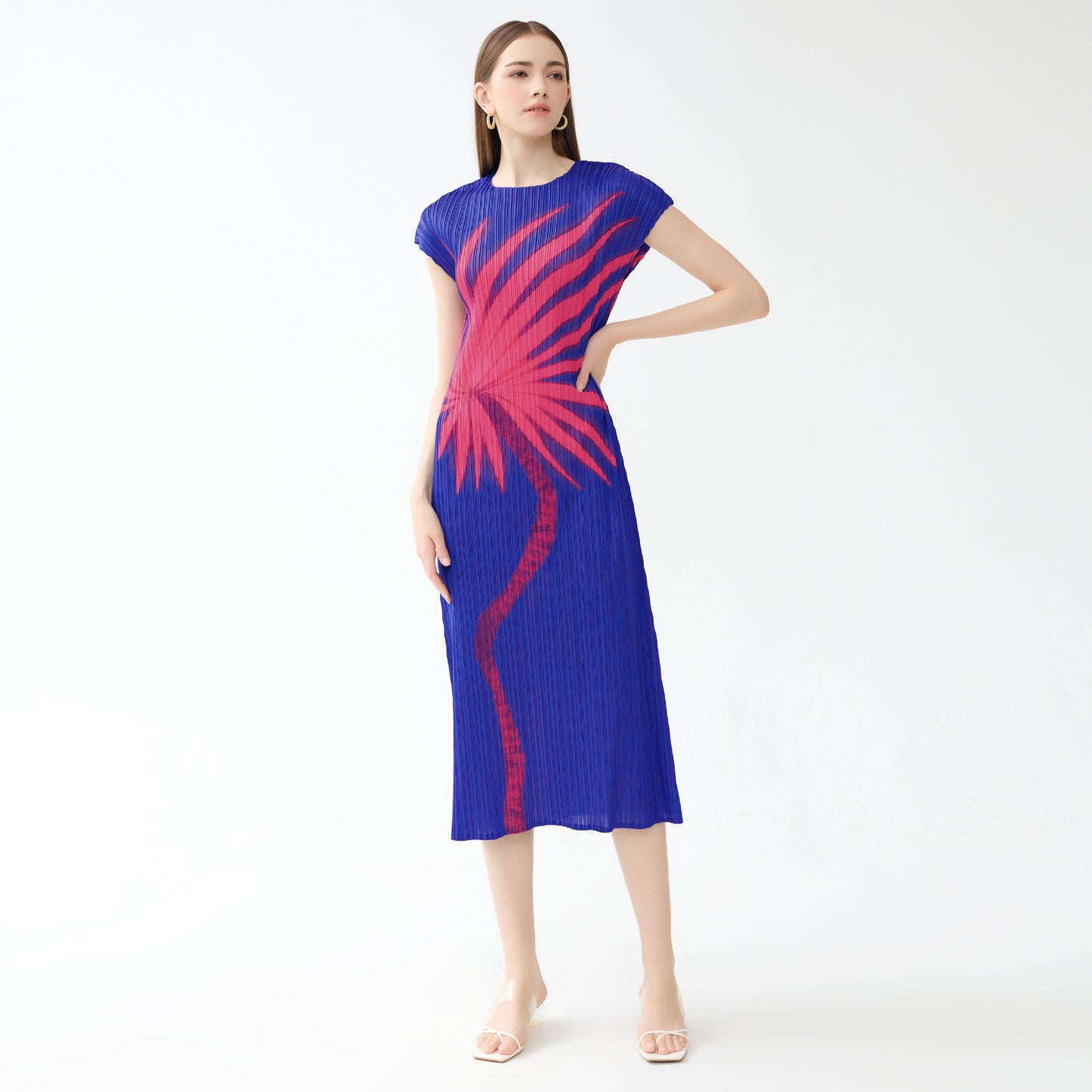 Summer women's skirt high-end fashion New casual style large-size dress pleated print crew neck a-shaped skirt