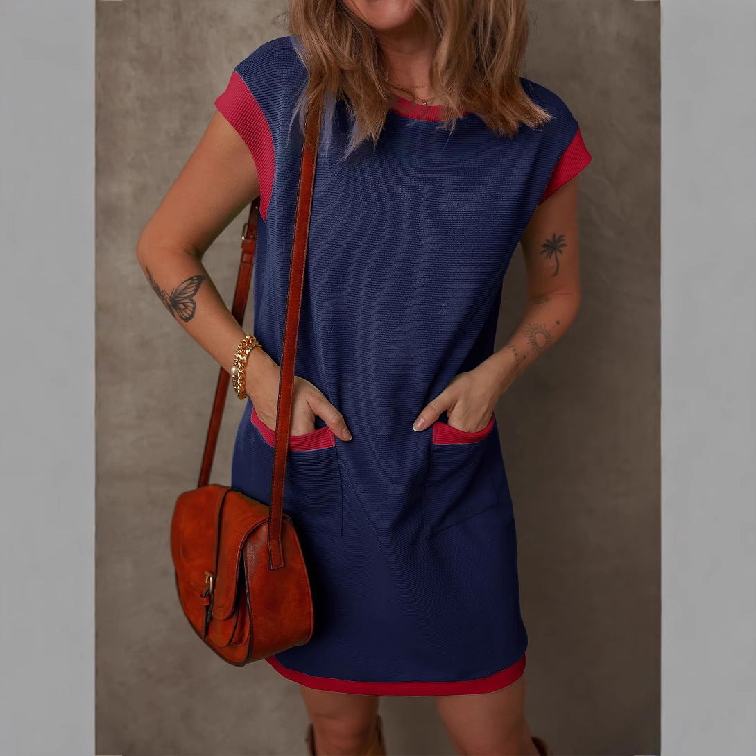 2025 spring and summer New Popular trade pullover pocket cover sleeve color matching straight T-shirt mini dress women