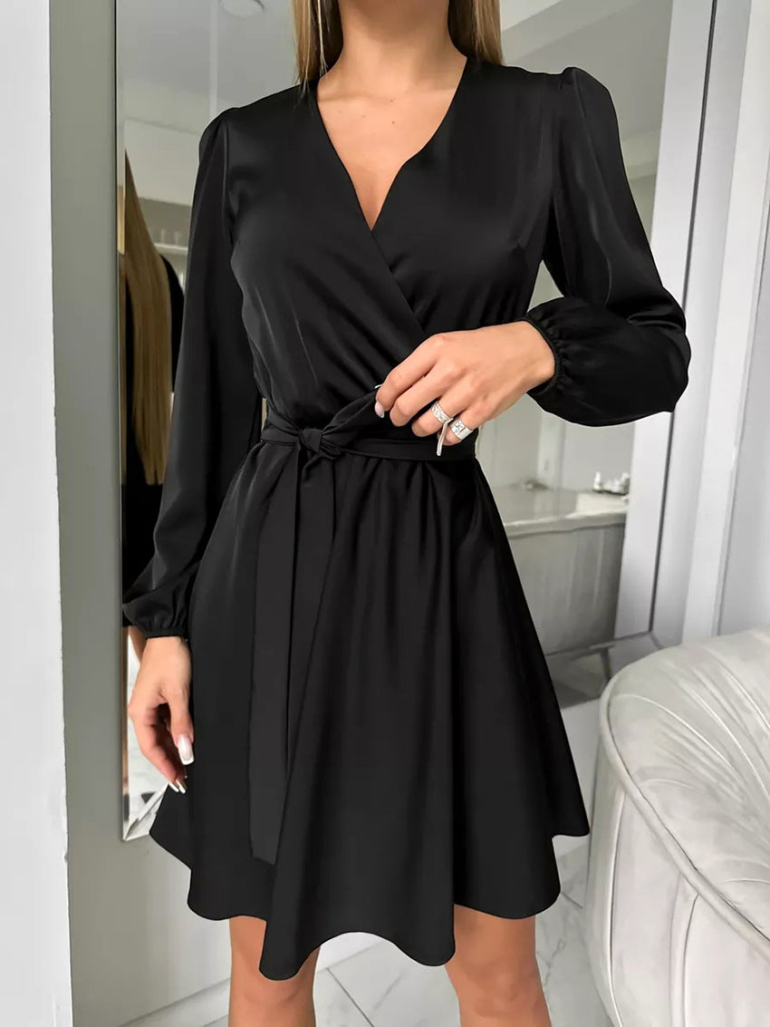 2025 Green satin V-neck lantern sleeve lace-up apron dress popularwildberries spring hot new products women