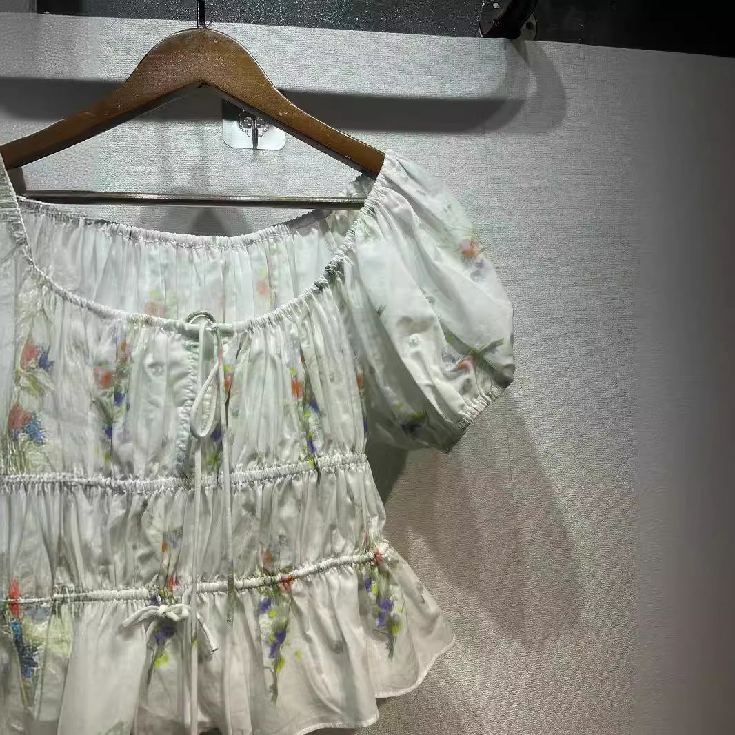 2025 n DO24 spring and summer new lace-up pure flower drawstring large round neck bubble sleeve shirt 31865