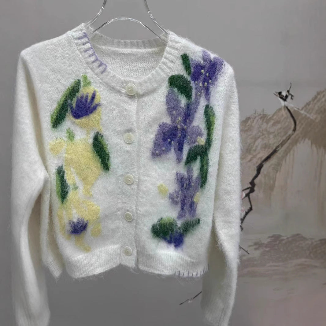 2025 knitted sweater women's 24 autumn and winter new soft waxy lazy wind flower embroidered jacquard knitted cardigan women's sweater